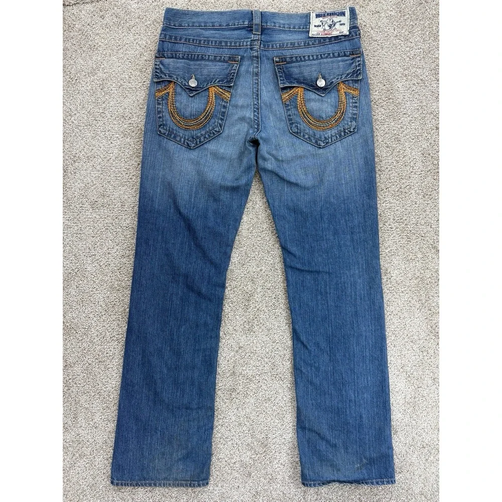 VTG True Religion Straight Jean Mens 34 (36x32) Blue Distressed Workwear USA Y2K